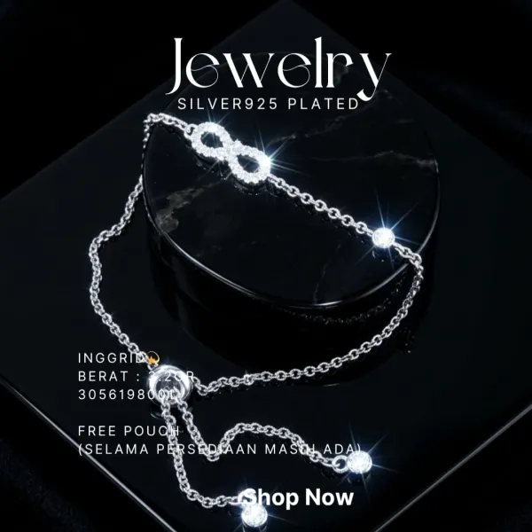 Gelang perak 925 model Inggrid serut dengan liontin infinity zirkonia di atas latar hitam