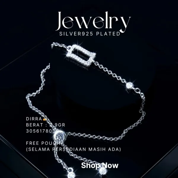 Gelang perak 925 model Dirra serut dengan liontin persegi zirkonia di atas latar hitam