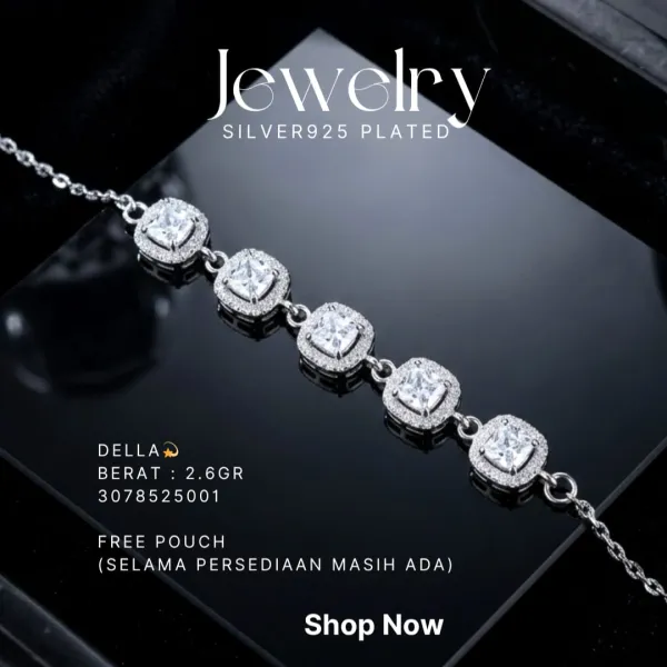 Gelang perak 925 model Della dengan zirkonia persegi di atas latar hitam