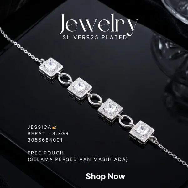 Gelang perak 925 model Jessica dengan zirkonia persegi di atas latar hitam