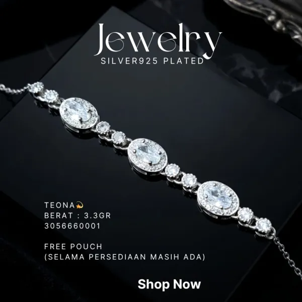 Gelang perak 925 model Teona dengan zirkonia oval di atas latar hitam