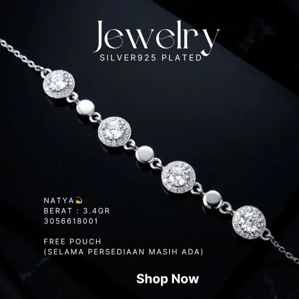 Gelang perak 925 model Natya dengan zirkonia bulat di atas latar hitam