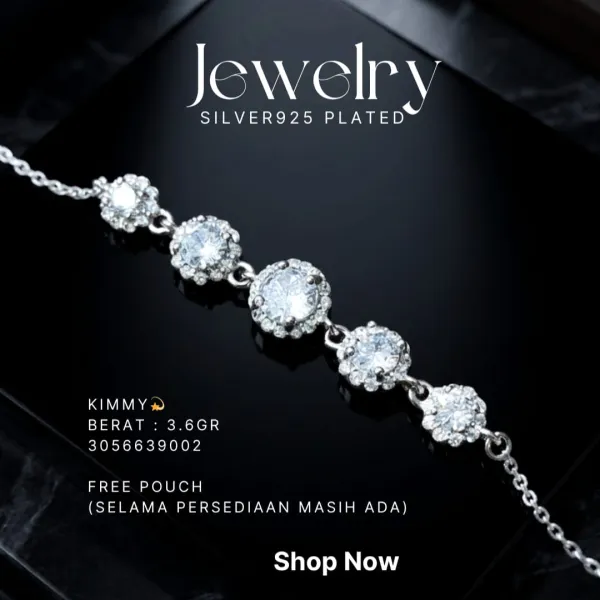 Gelang perak 925 model Kimmy dengan zirkonia bulat bertingkat di atas latar hitam