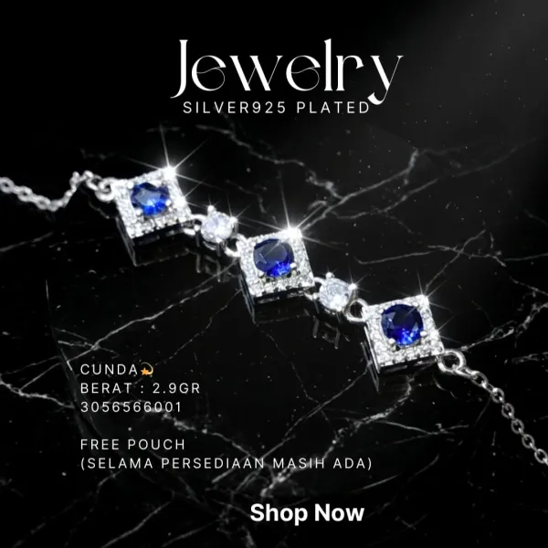 Gelang perak 925 model Cunda dengan batu biru dan zirkonia di atas latar hitam