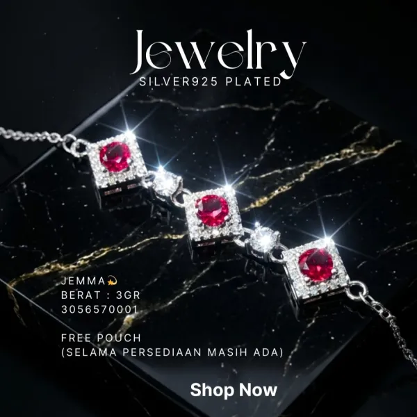 Gelang perak 925 model Jemma dengan batu merah dan zirkonia di atas latar hitam