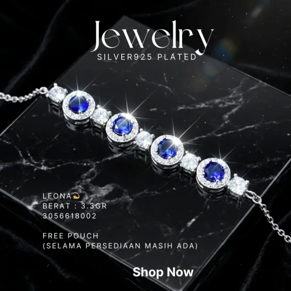 Gelang perak 925 model Leona dengan batu biru dan zirkonia di atas latar hitam
