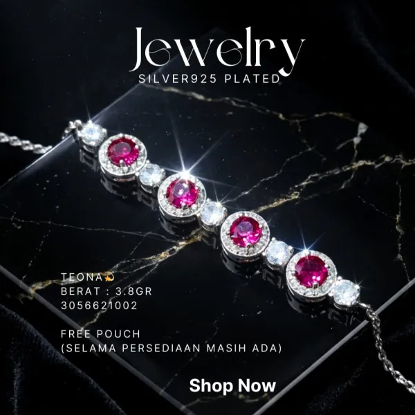 Gelang perak 925 model Teona dengan batu merah muda dan zirkonia di atas latar hitam