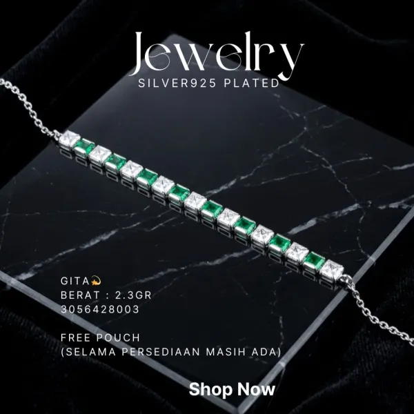 Gelang perak 925 model Gita dengan batu hijau dan zirkonia di atas latar hitam