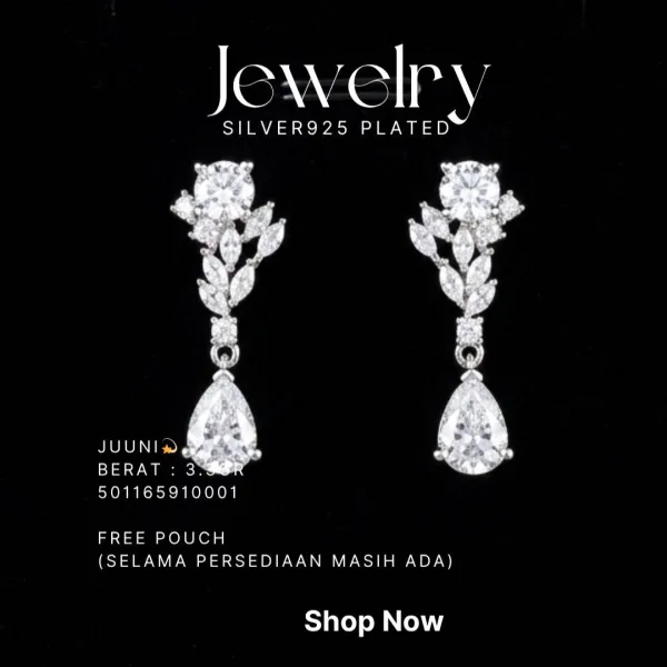 Anting perak 925 model Juuni gantung dengan zirkonia tetesan air di atas latar hitam