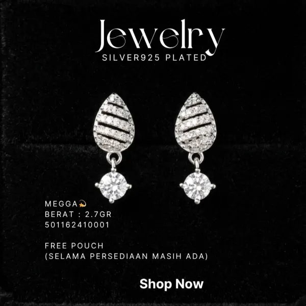 Anting perak 925 model Megga gantung dengan zirkonia bulat di atas latar hitam