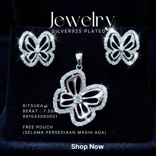 Set perhiasan perak 925 model Ritsuka berisi anting dan liontin kupu-kupu zirkonia