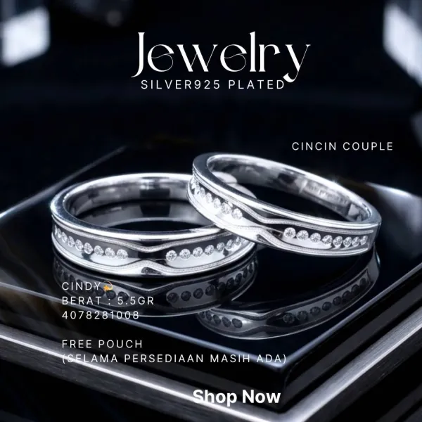 Cincin perak 925 model Cindy pasangan couple dengan zirkonia di atas latar hitam