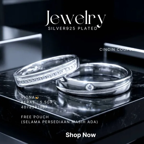 Cincin perak 925 model Viona pasangan couple dengan zirkonia di atas latar hitam