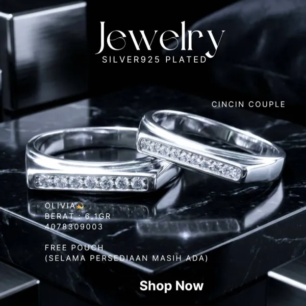 Cincin perak 925 model Olivia pasangan couple dengan deretan zirkonia di atas latar hitam