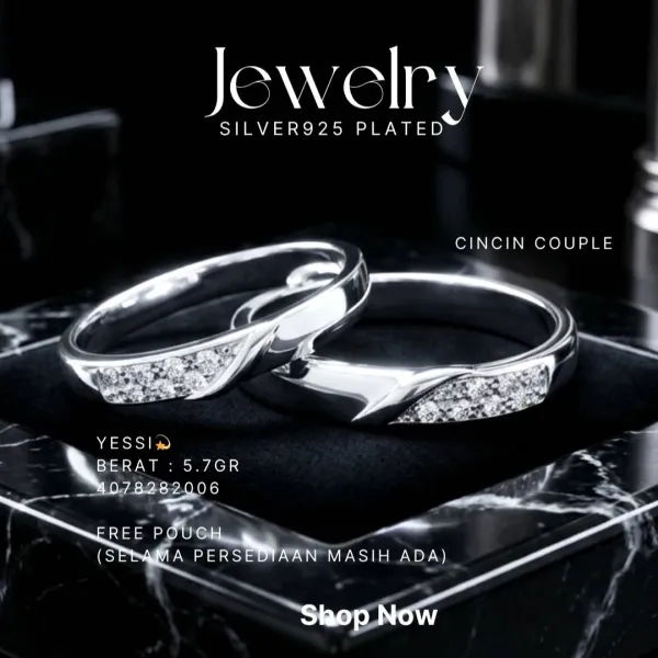 Cincin Couple perak 925 model Yessi dengan taburan zirkonia di atas latar hitam