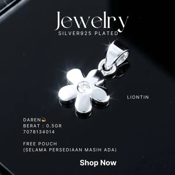 Liontin perak 925 model Daren bentuk bunga polos dengan satu zirkonia di atas latar hitam