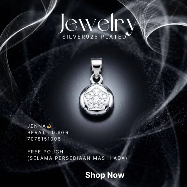 Liontin perak 925 model Jenna bulat dengan zirkonia bentuk pentagon di atas latar hitam