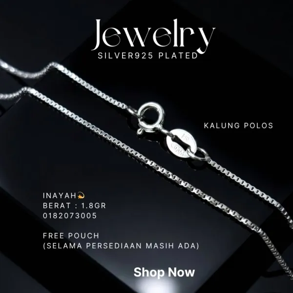 Kalung perak 925 model Inayah rantai box polos di atas latar hitam