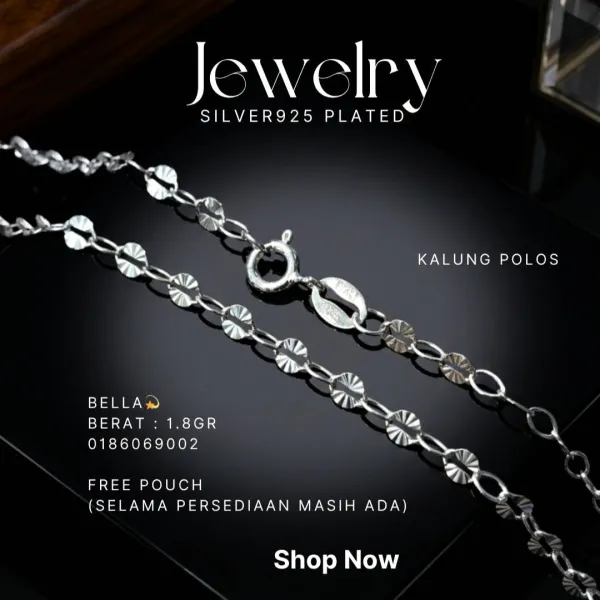 Kalung perak 925 model Bella rantai pipih polos di atas latar hitam