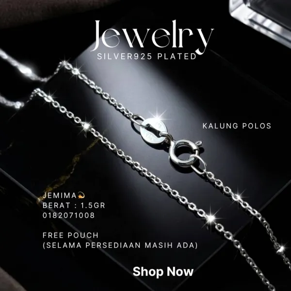 Kalung perak 925 model Jemima rantai rolo polos di atas latar hitam