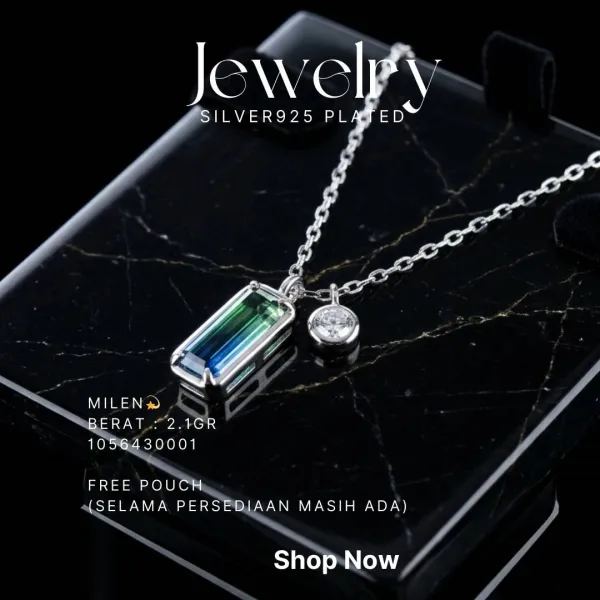 Kalung perak 925 model Milen dengan batu warna hijau biru dan zirkonia di atas latar hitam