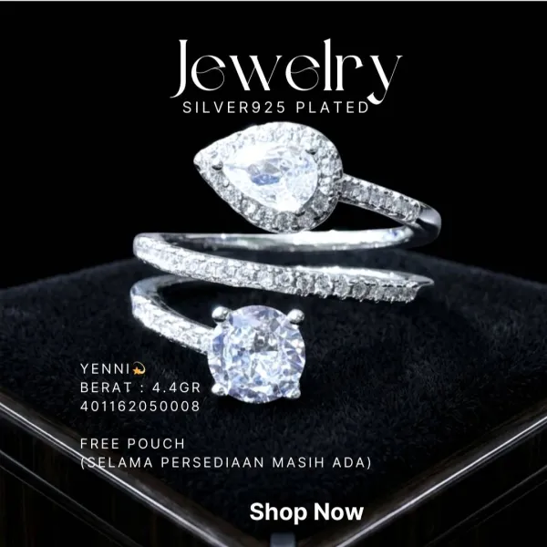 Cincin perak 925 model Yenni model spiral dengan zirkonia tetes dan bulat di atas latar hitam