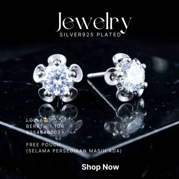 Anting perak 925 model Lolla model stud bunga dengan zirkonia di atas latar hitam