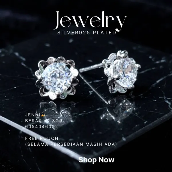 Anting perak 925 model Jenni model stud dengan zirkonia bulat di atas latar hitam