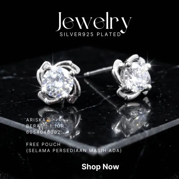Anting perak 925 model Ariska model stud dengan zirkonia bulat di atas latar hitam