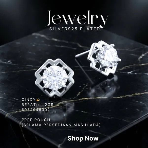 Anting perak 925 model Cindy model stud dengan zirkonia bulat di atas latar hitam