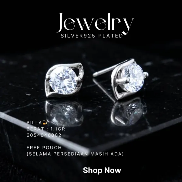 Anting perak 925 model Billa model stud dengan zirkonia bulat di atas latar hitam