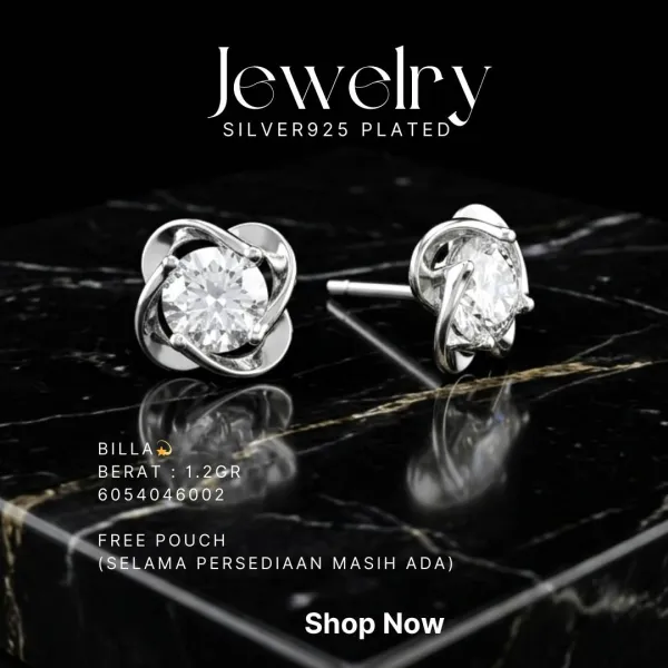 Anting perak 925 model Billa dengan zirkonia bulat model stud di atas marmer hitam