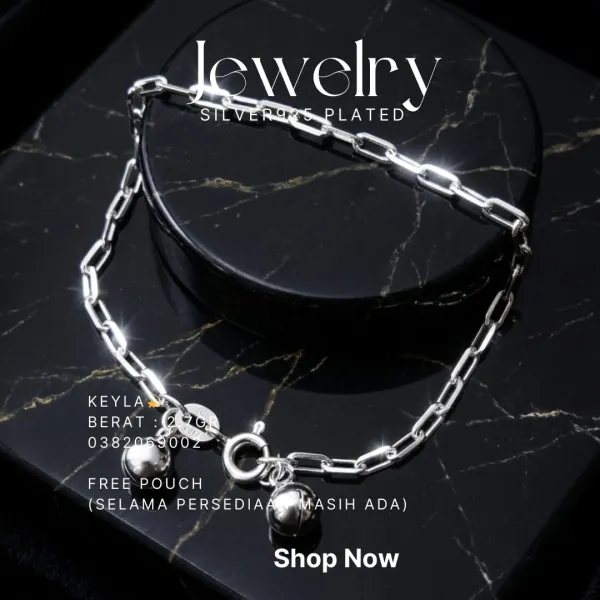 Gelang perak 925 model Keyla berantai kotak dengan lonceng kecil