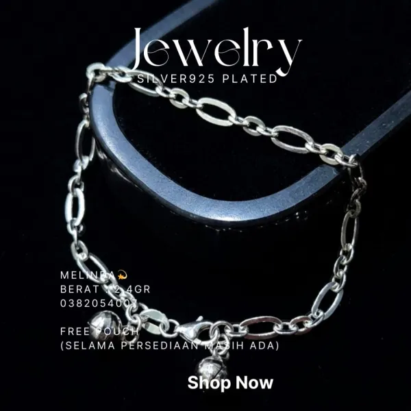 Gelang perak 925 model Melinda berantai oval dengan lonceng kecil