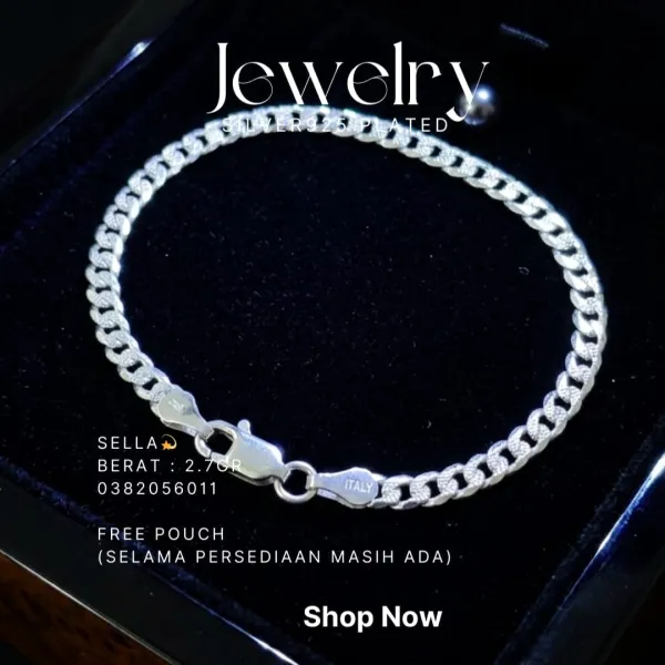 Gelang perak 925 model Sella berantai pipih bertekstur dengan kunci Italy
