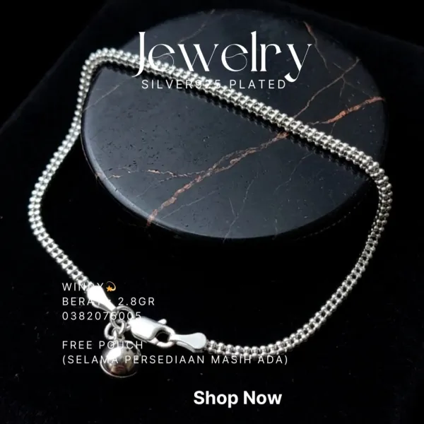 Gelang perak 925 model Windy berantai ganda dengan lonceng kecil