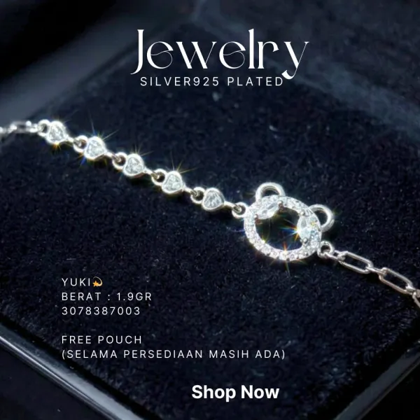 Gelang perak 925 model Yuki dengan mata beruang dan zirkonia hati