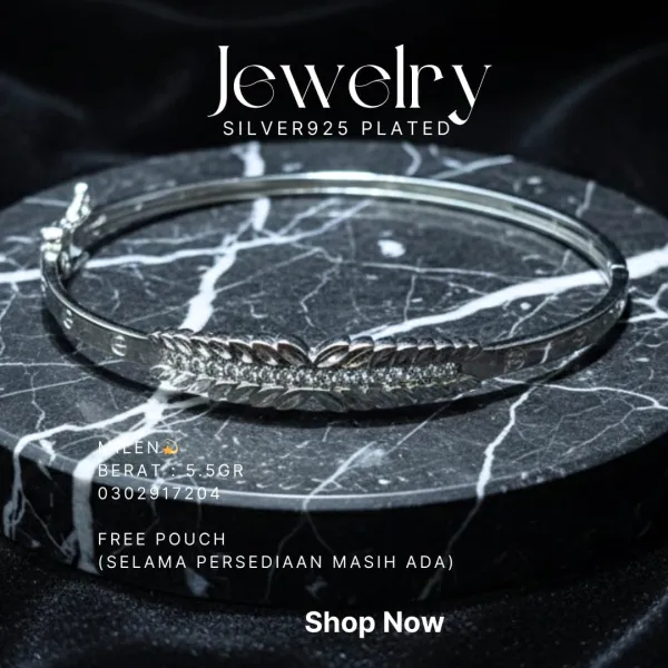Gelang perak 925 model Milen model bangle dengan motif daun dan zirkonia