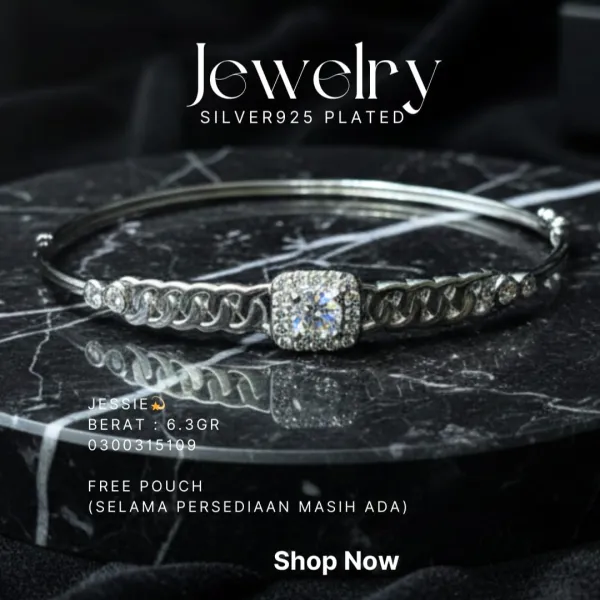 Gelang perak 925 model Jessie model bangle dengan zirkonia kotak