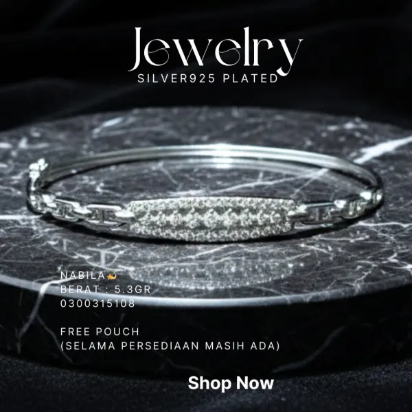 Gelang perak 925 model Nabila model bangle dengan hiasan zirkonia