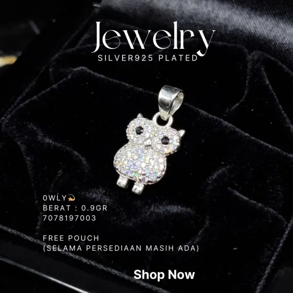 Liontin perak 925 model Owly berbentuk burung hantu bertabur zirkonia