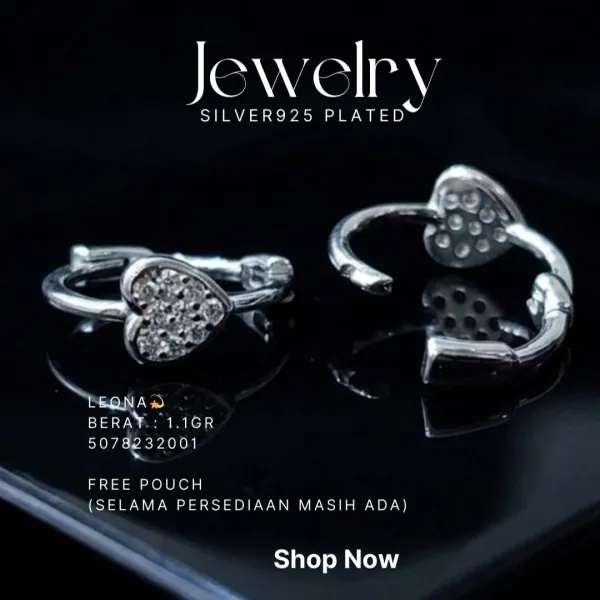 Anting perak 925 model Leona model huggie dengan hati zirkonia