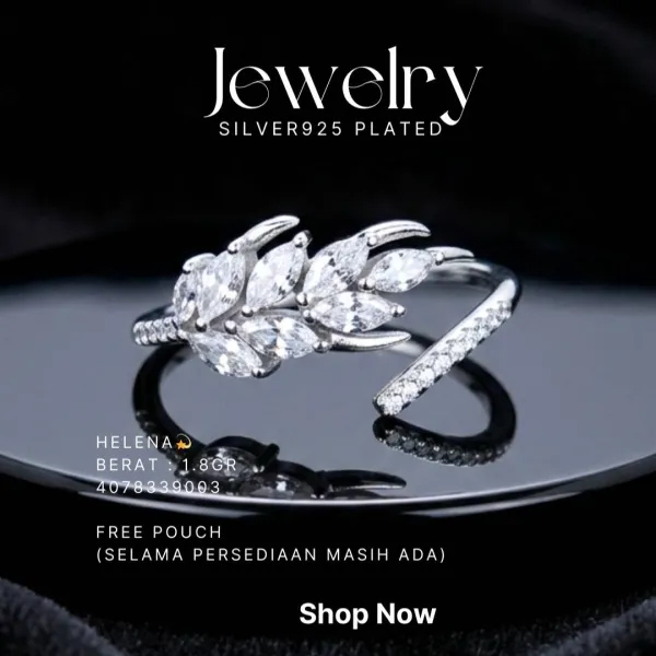 Cincin perak 925 model Helena model freesize dengan daun zirkonia