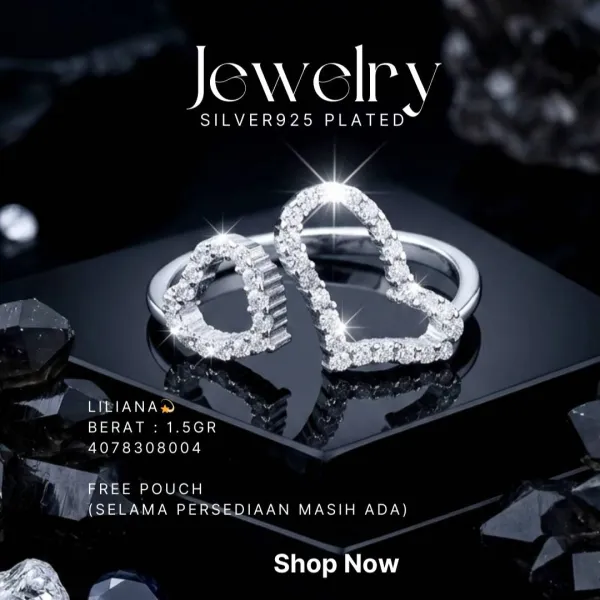 Cincin perak 925 model Liliana model freesize dengan dua hati zirkonia