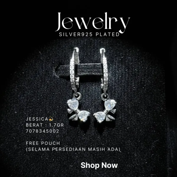 Anting perak 925 model Jessica huggie dengan liontin pita zirkonia hati