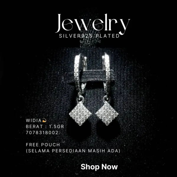 Anting perak 925 model Widia huggie dengan liontin zirkonia belah ketupat
