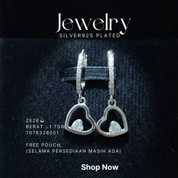 Anting perak 925 model Zeze huggie dengan liontin hati terbuka dan zirkonia