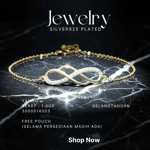 Gelang perak 925 model Yannie rantai warna gold dengan liontin infinity zirkonia