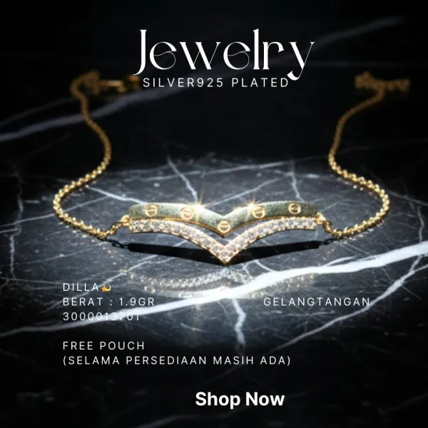 Gelang perak 925 model Dilla rantai warna gold dengan plat V dan zirkonia