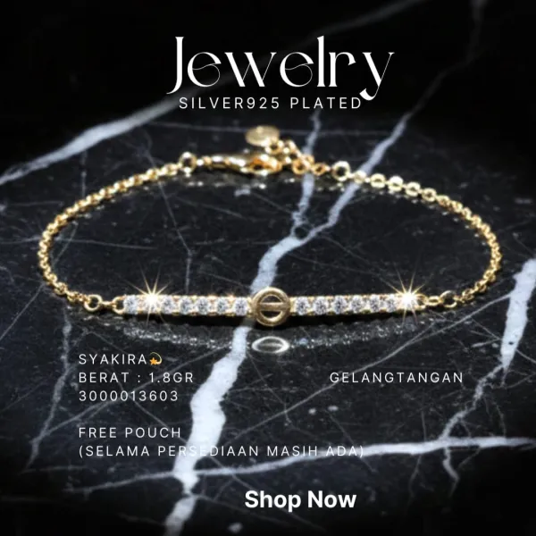 Gelang perak 925 model Syakira rantai warna gold dengan batang zirkonia